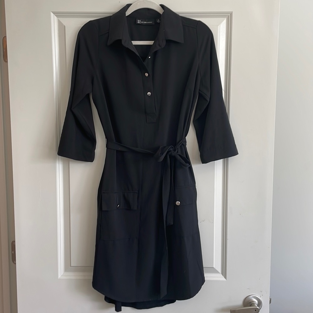 Black fitted soft stretch shirt dress with side and front pockets